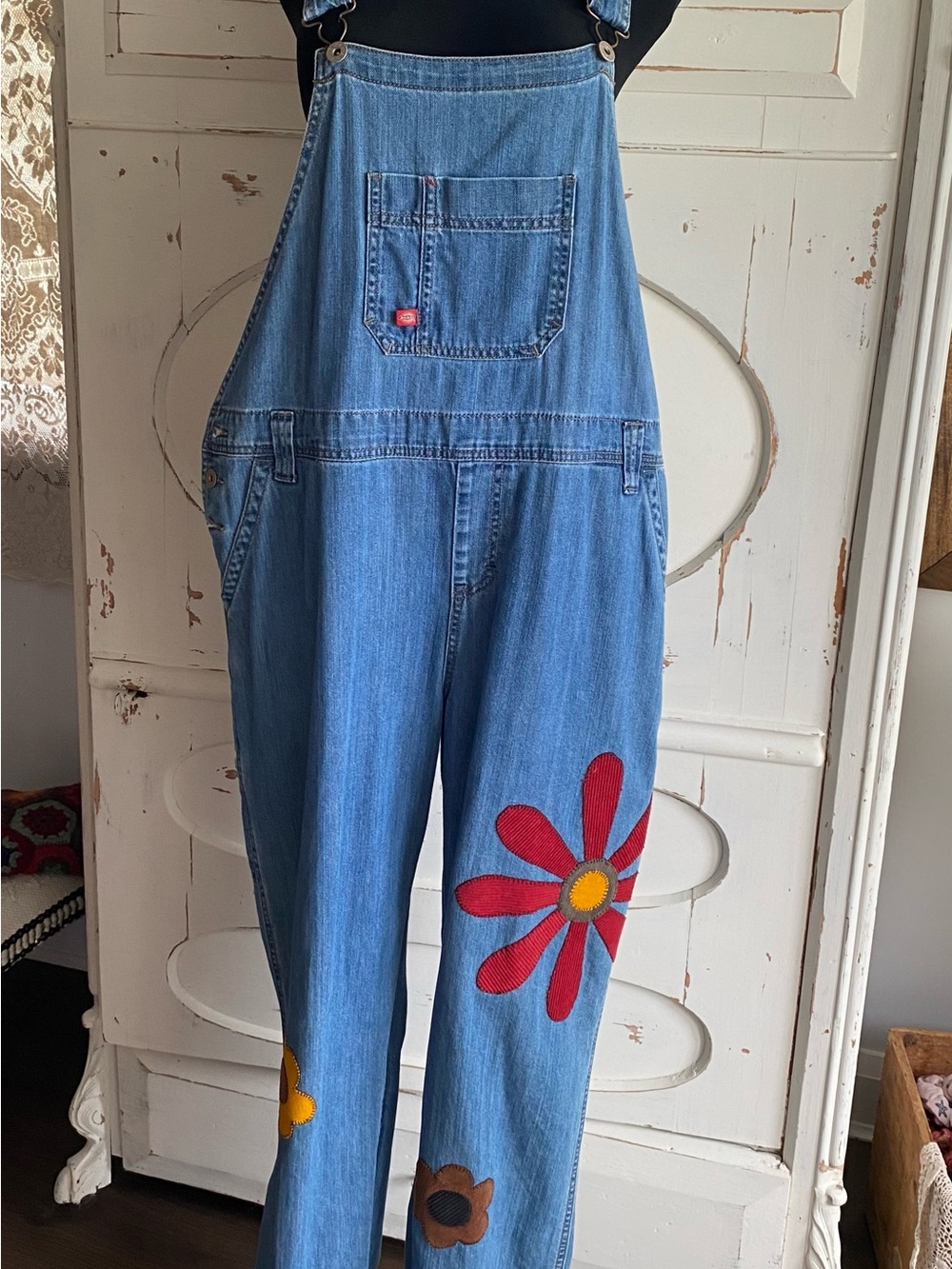 Upcycled Dickies Light Blue Denim Women's Overalls with Floral Appliqués